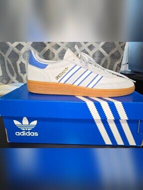 adidas Spezial Men’s Suede Sneakers in White and Blue with Gum Sole.